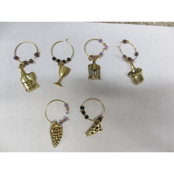 Wine-Themed Gold-Tone Drink & Food Charms Set Of 6 With Beaded Rings For Glass M - Picture 1 of 2
